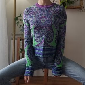 Free People Crew Neck Sweater Purple Green Small Fitted Fall Cozy Paisley